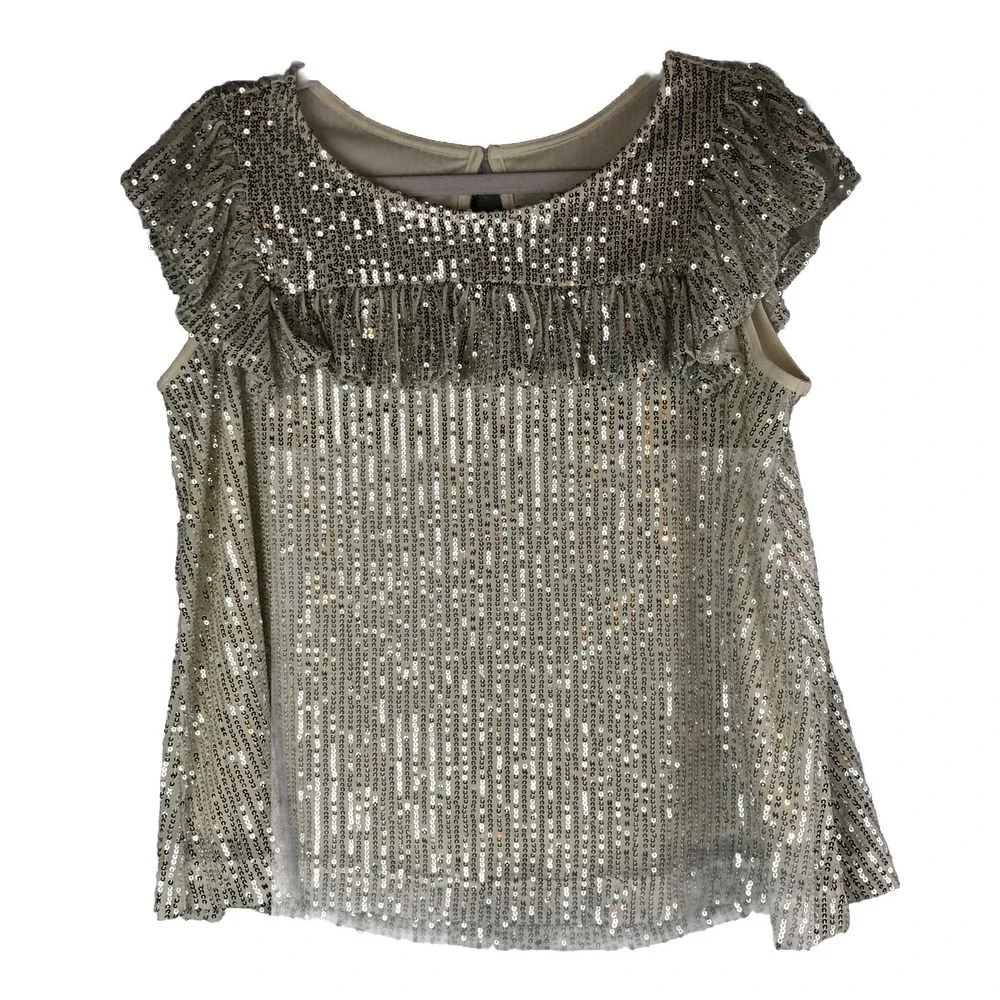 Justice Girls‎ Top Size 16/18 Sequin Ruffle Sleeve Cream Lined Short Sleeve Top